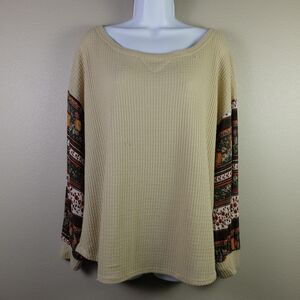 Bibi Mocha Waffle Knit Floral Long Sleeve Top Size Small